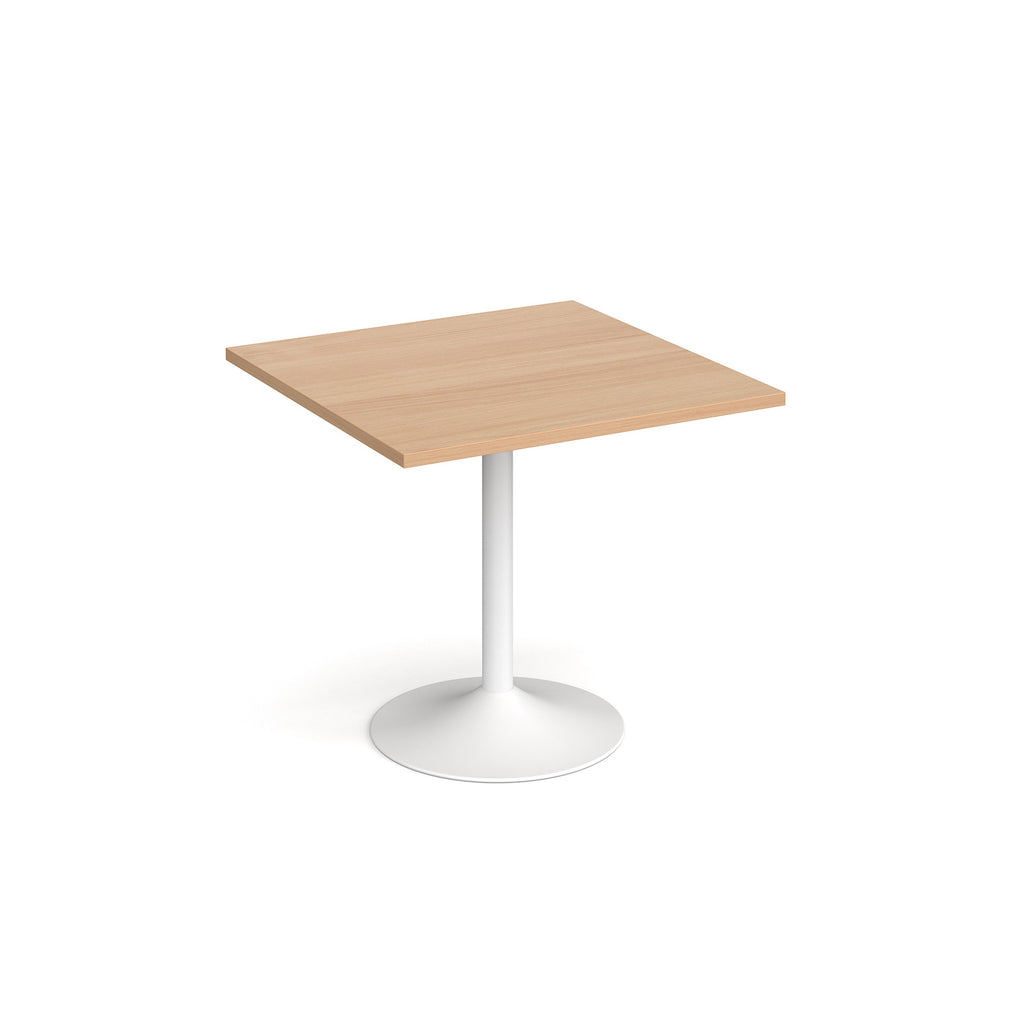 A modern square dining table with a wood-effect top and a white pedestal base, shown on a plain white background.