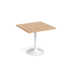 A modern square dining table with a wood-effect top and a white pedestal base, shown on a plain white background.
