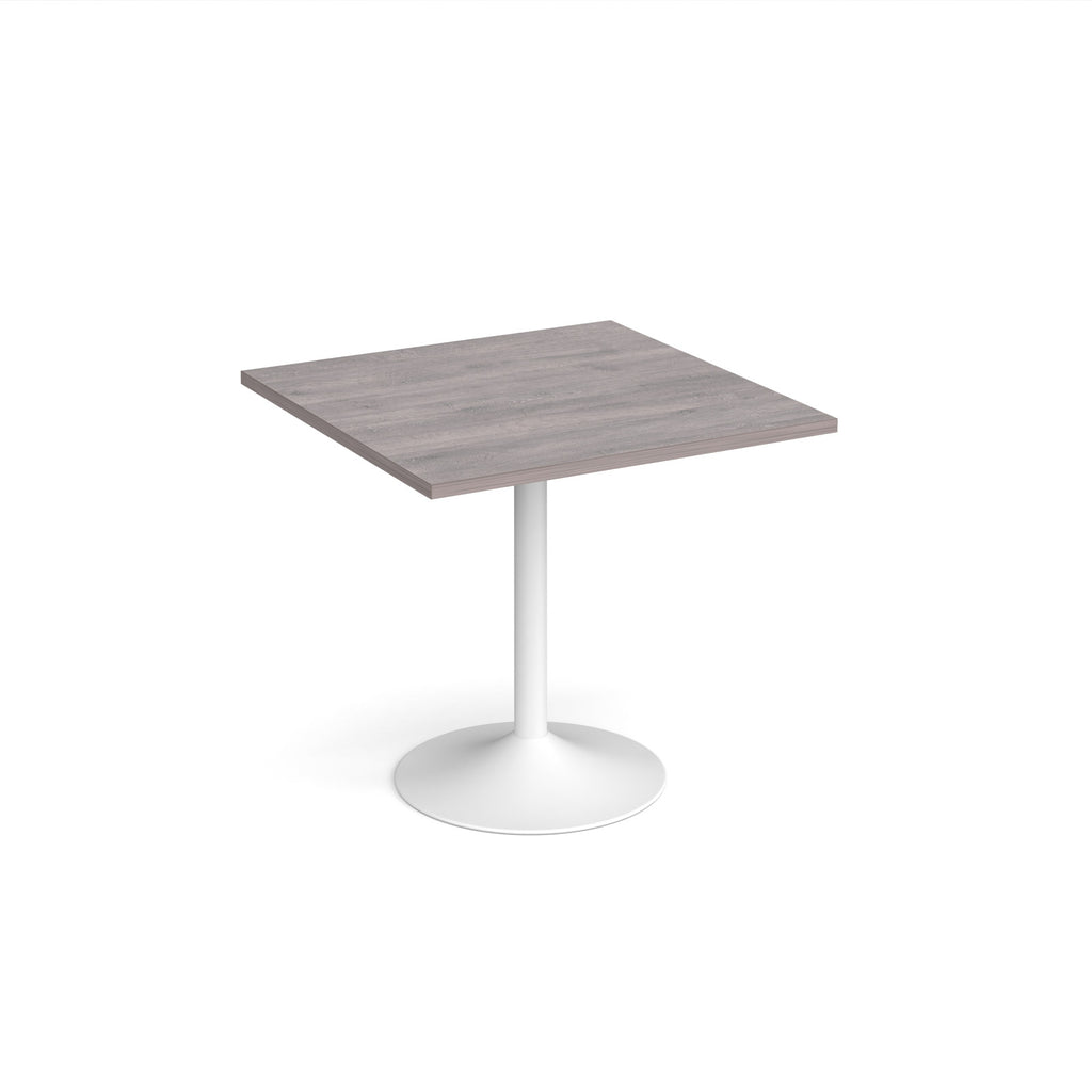 A modern square dining table with a grey wood-effect top and a white pedestal base, shown on a plain white background.
