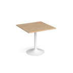 A modern square dining table with a wood-effect top and a white pedestal base, shown on a plain white background.