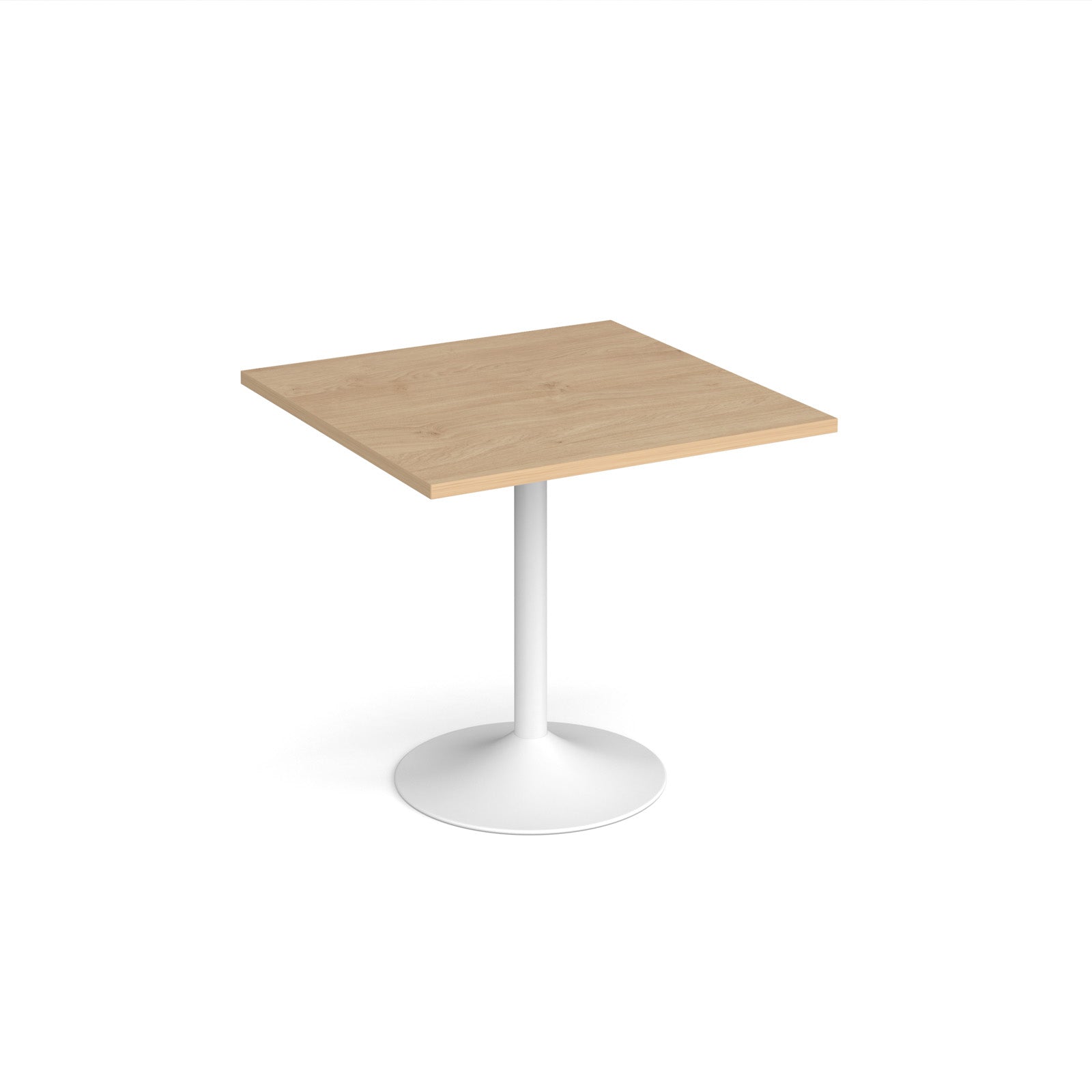 A modern square dining table with a wood-effect top and a white pedestal base, shown on a plain white background.