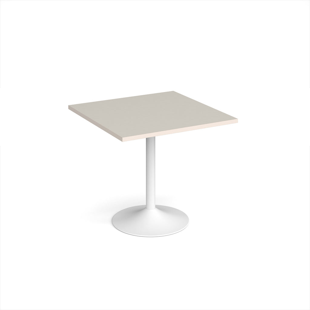 A modern square dining table with a light grey top and a white pedestal base, shown on a plain white background.