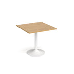 A modern square dining table with a wood-effect top and a white pedestal base, shown on a plain white background.