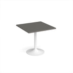 A modern square dining table with a grey top and a white pedestal base, shown on a plain white background.