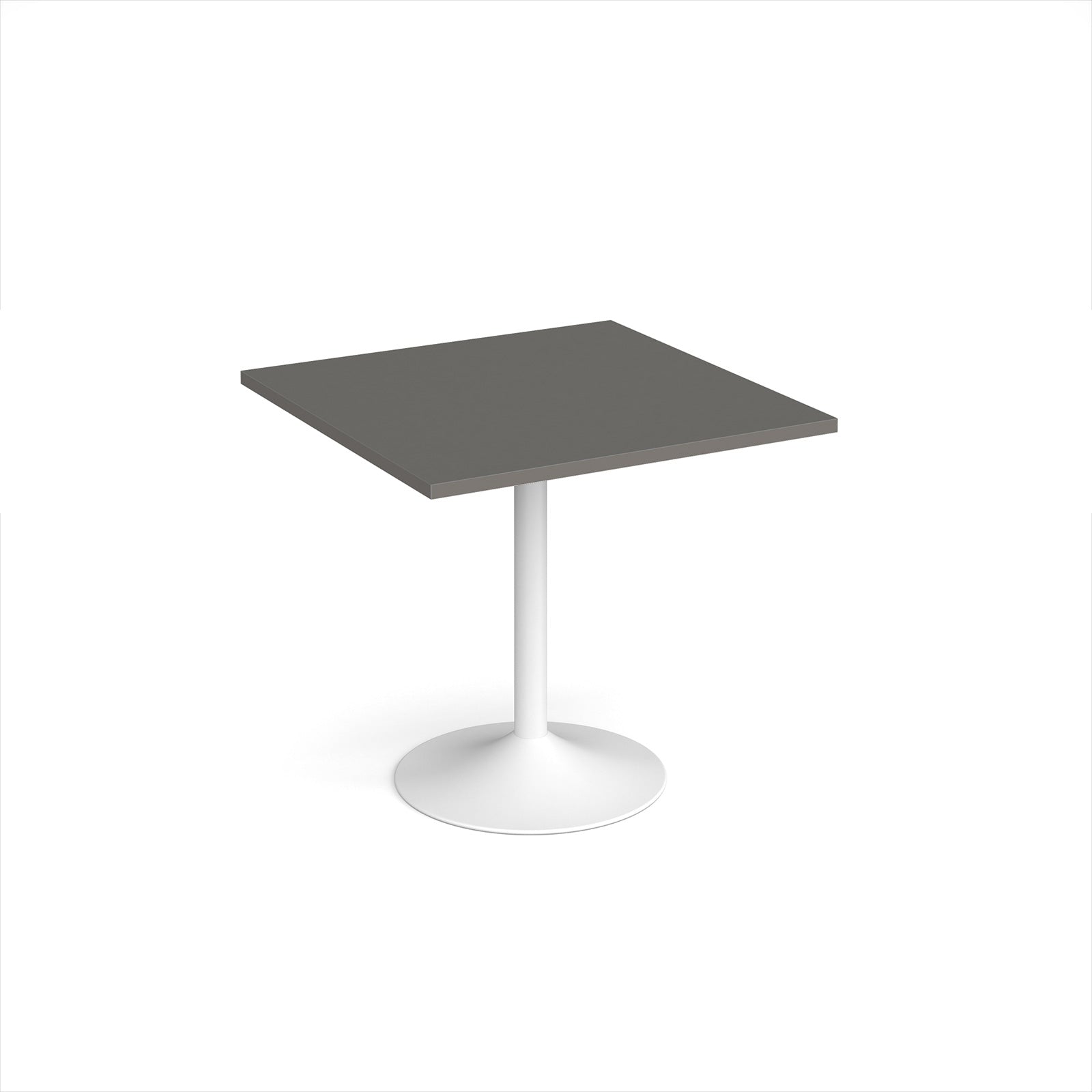 A modern square dining table with a grey top and a white pedestal base, shown on a plain white background.