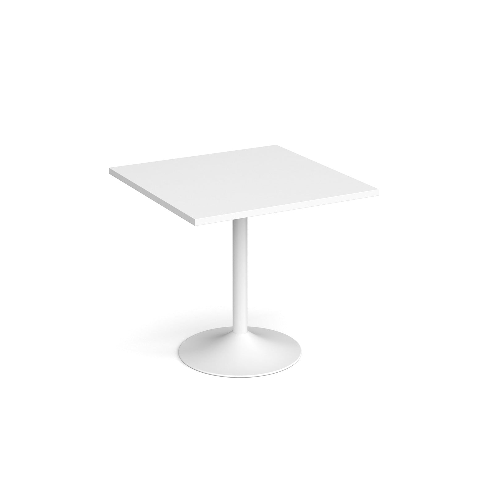 A modern square dining table with a white pedestal base, shown on a seamless white background.