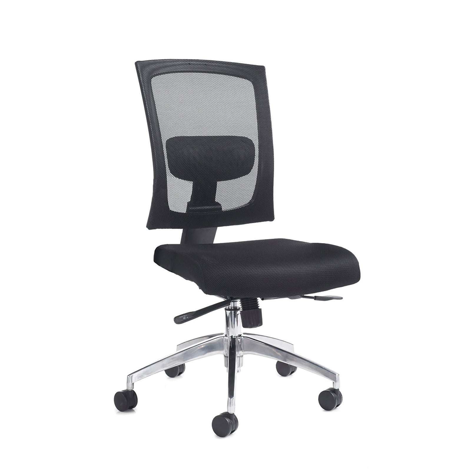 Black office chair with mesh backrest on a white background