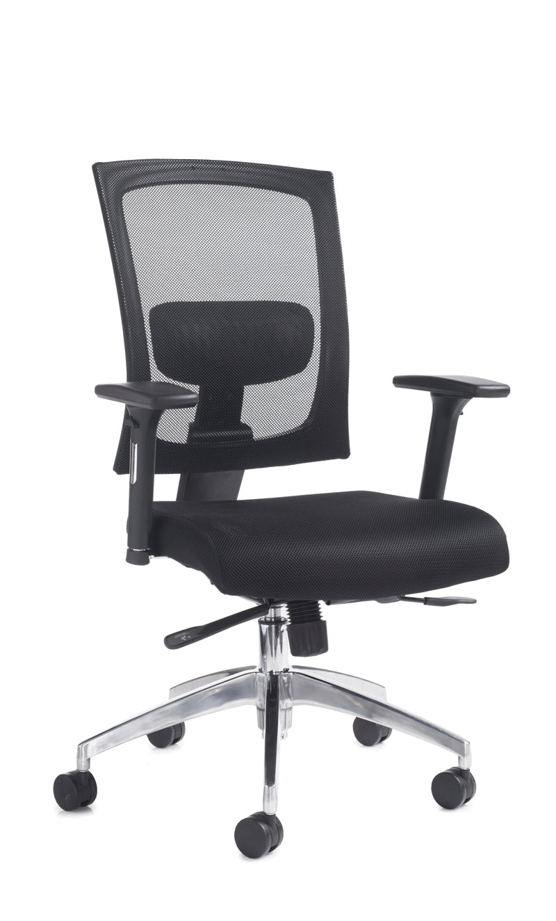 Black office chair with mesh backrest on a white background