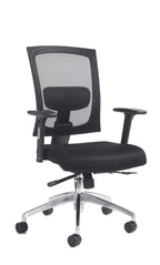 Black office chair with mesh backrest on a white background