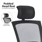 Black office chair with padded headrest and adjustable feature on a white background