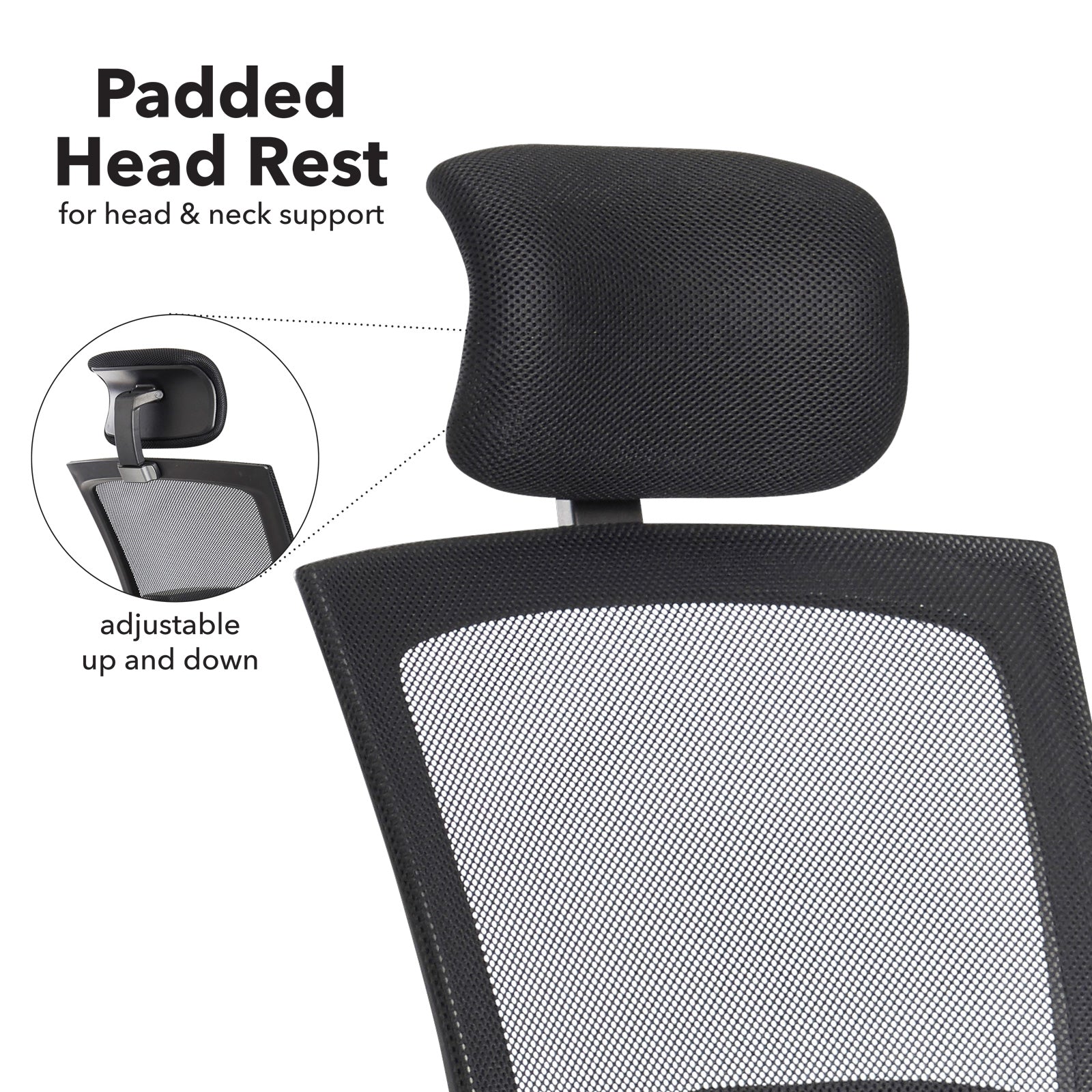 Black office chair with padded headrest and adjustable feature on a white background
