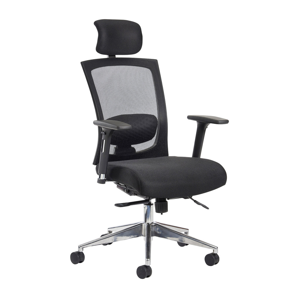 Black office chair with mesh backrest and headrest on a white background