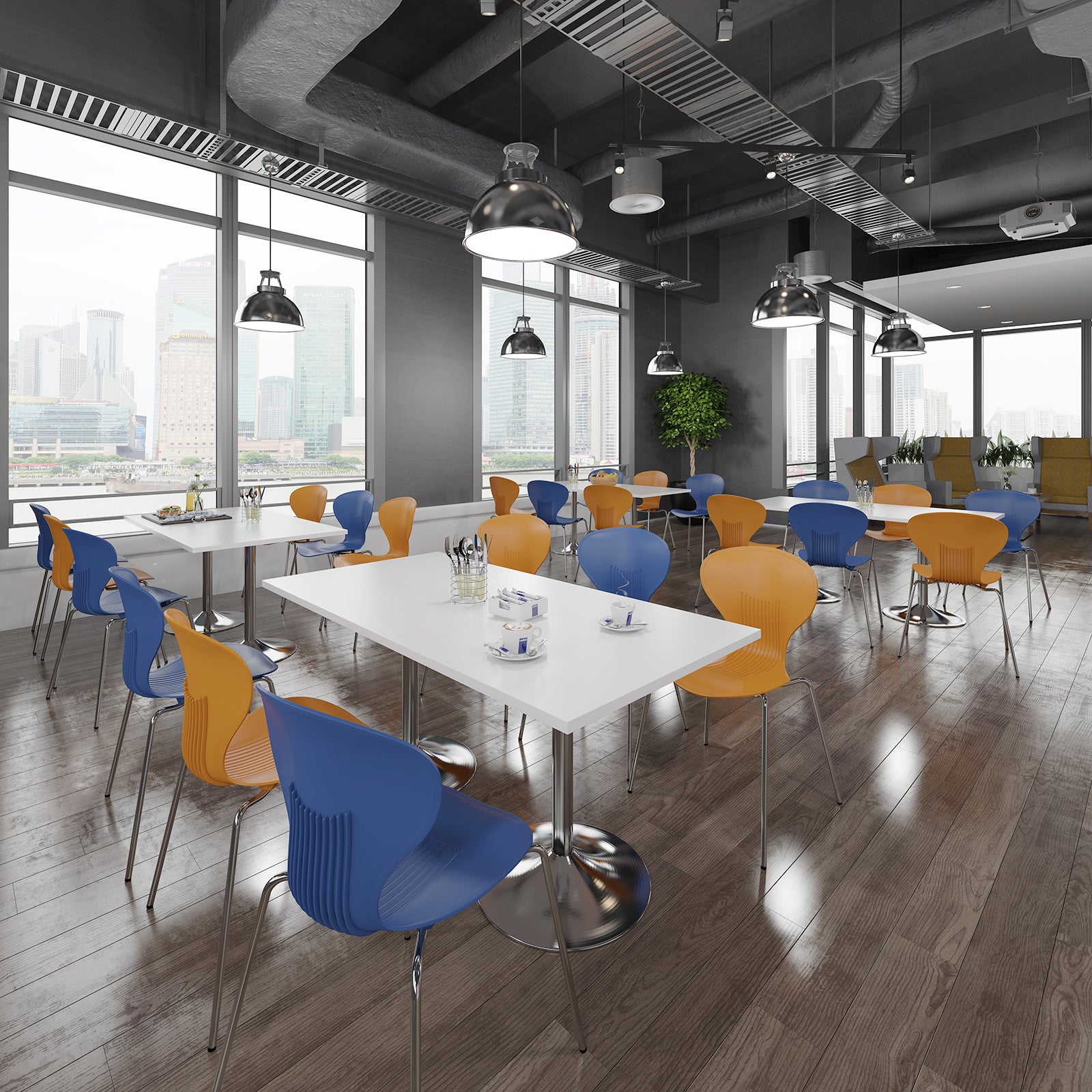A modern office or café interior with white rectangular tables and chairs in blue, orange, and yellow, set on dark wood flooring with large windows showing a city skyline.