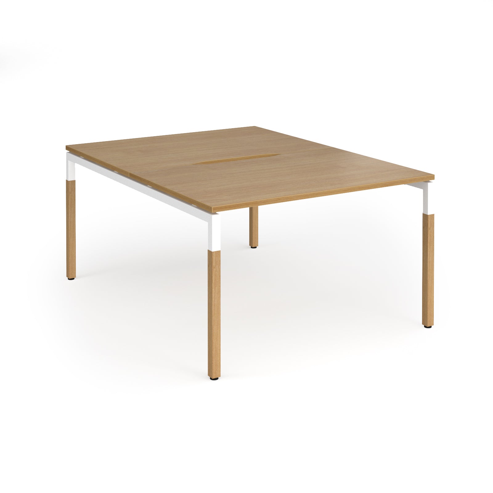Back to back desk with light oak wood grain top and legs with white frame on a white background