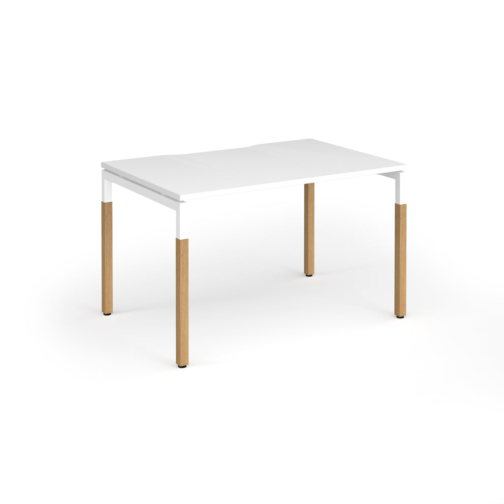 Straight desk with white top and wooden legs on a white background