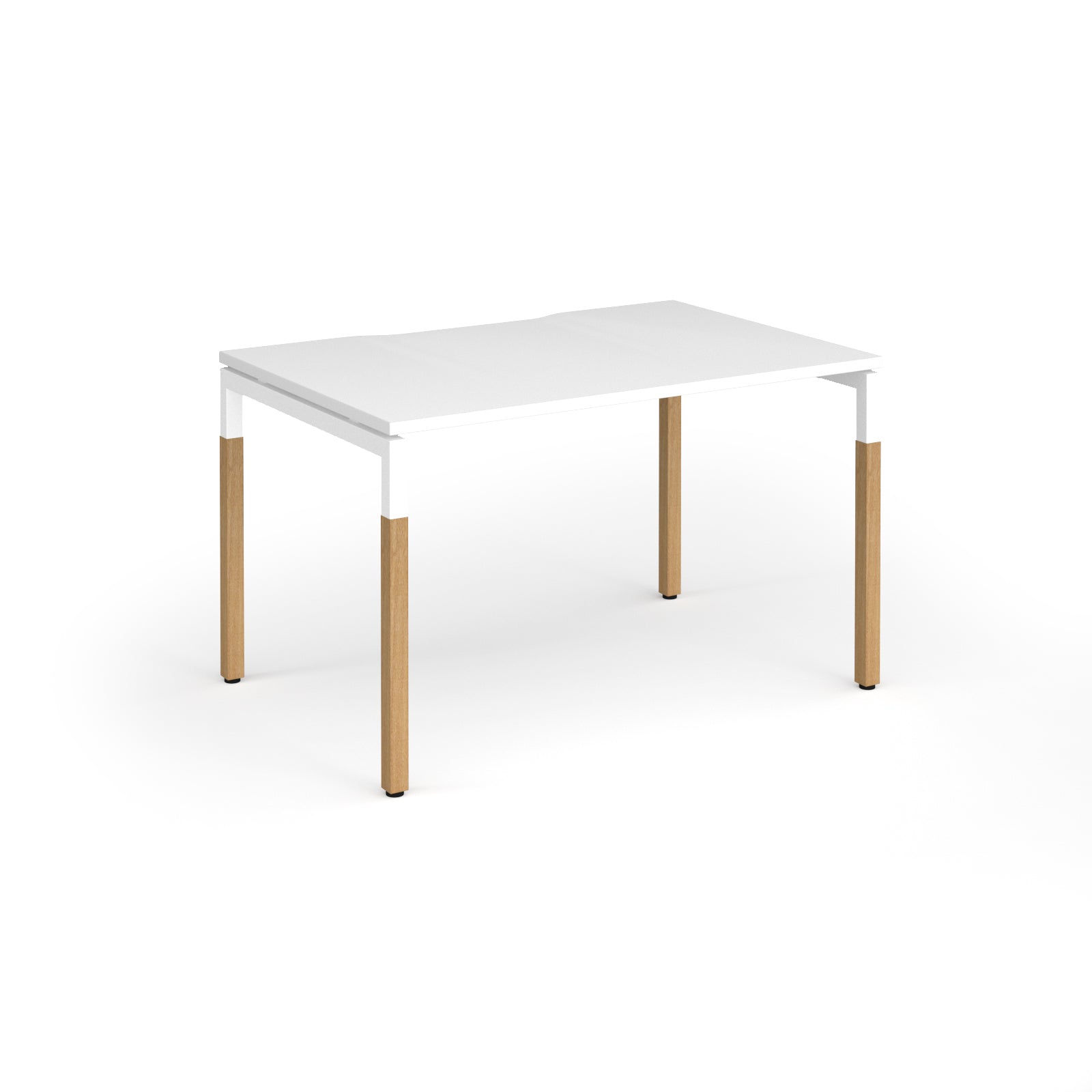 Straight desk with white top and wooden legs on a white background