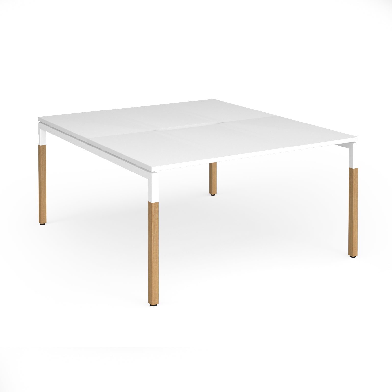 Back to back desk with white top and wooden legs on a white background