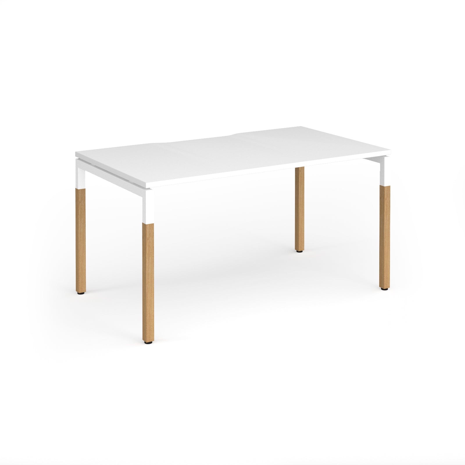 Straight desk with white top and wooden legs on a white background