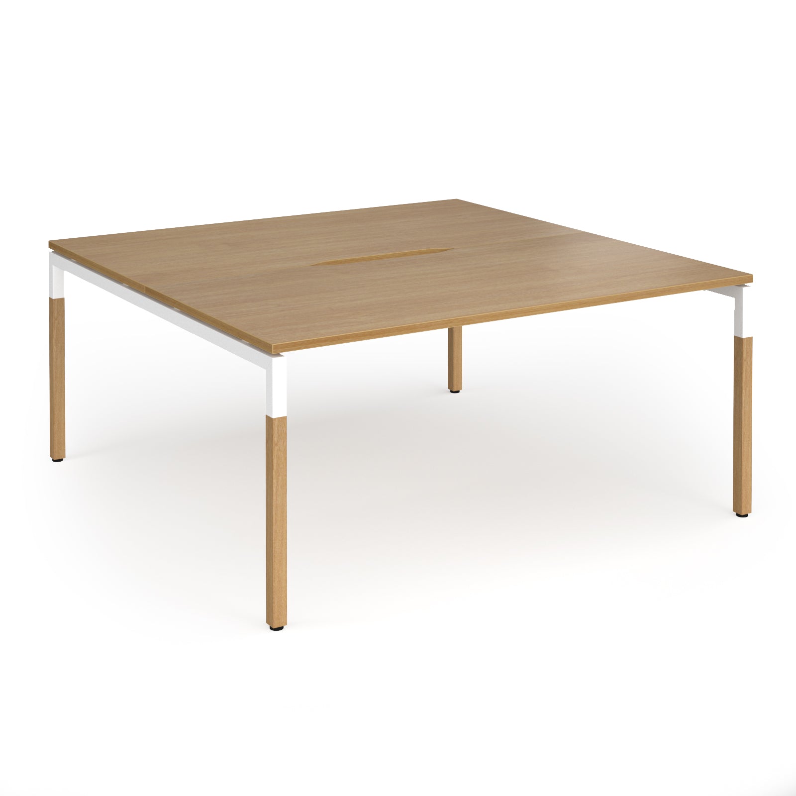 Back to back desk with light oak wood grain top and legs with white frame on a white background