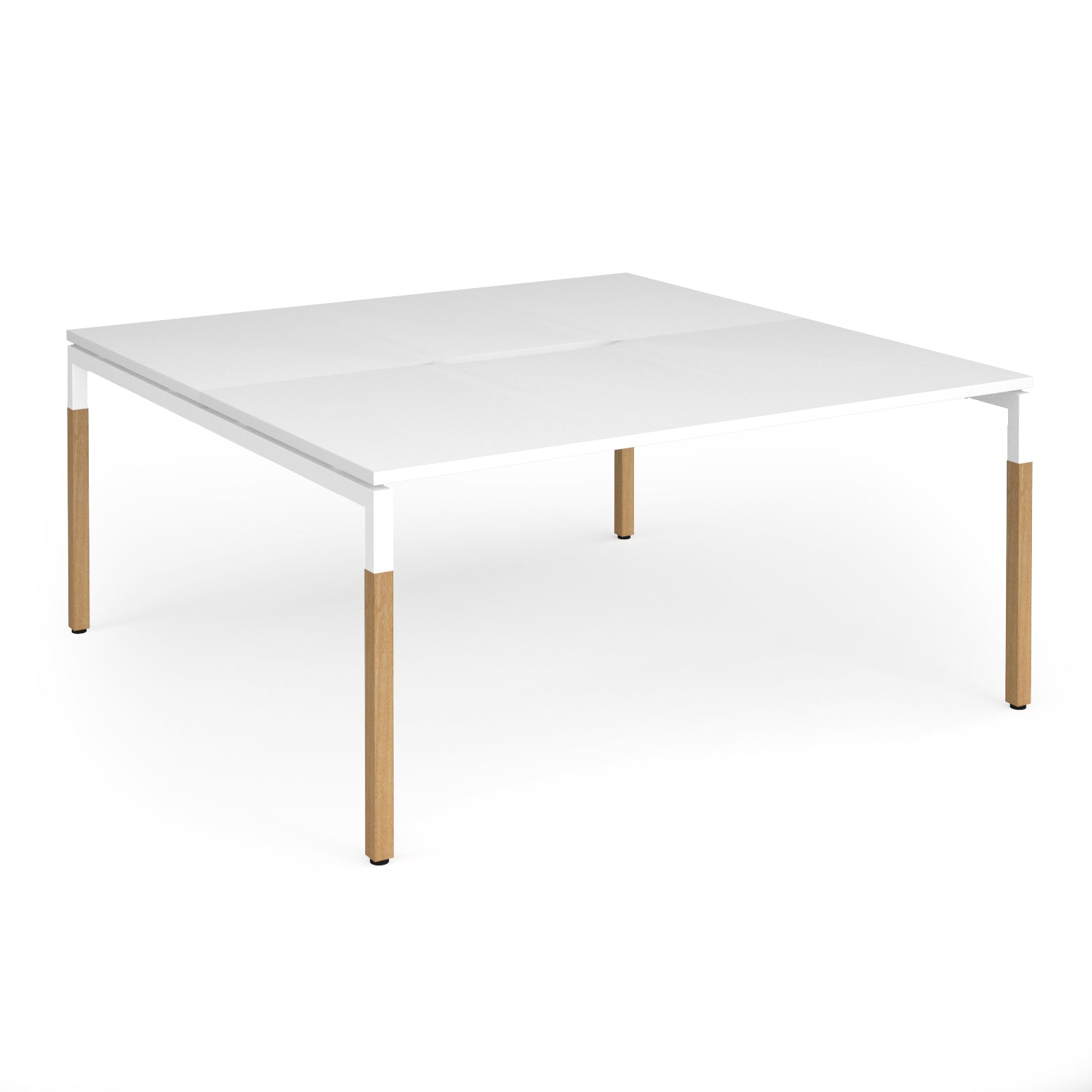 Back to back desk with white top and wooden legs on a white background