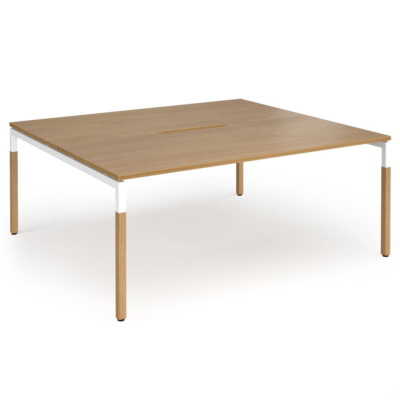 Back to back desk with light oak wood grain top and legs with white frame on a white background