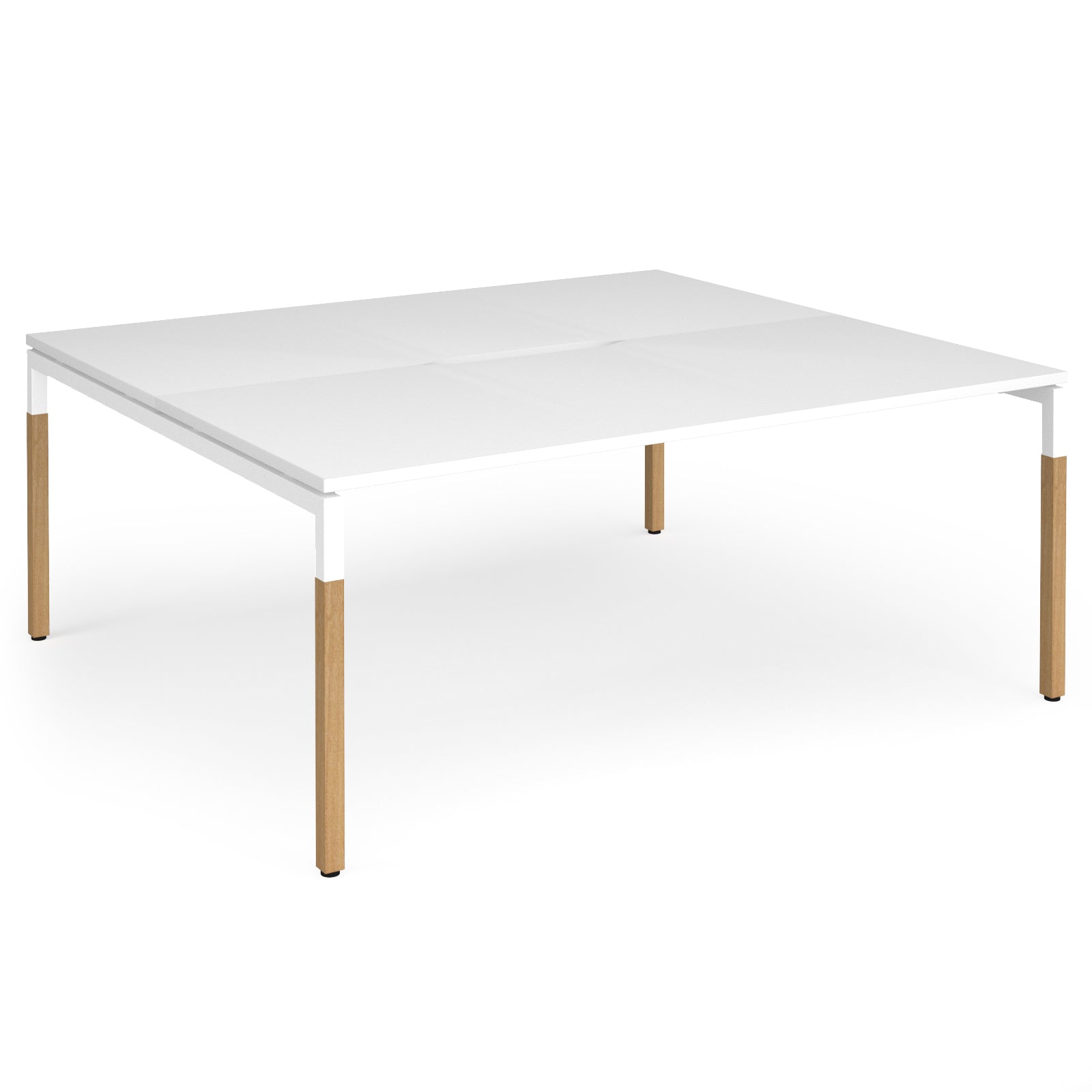 Back to back desk with white top and wooden legs on a white background