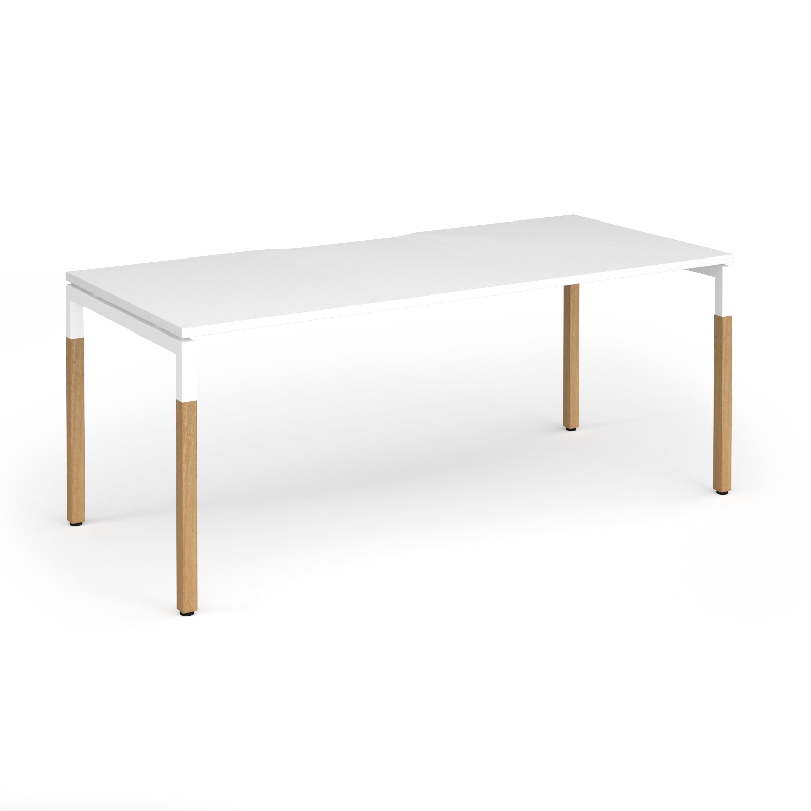 Straight desk with white top and wooden legs on a white background