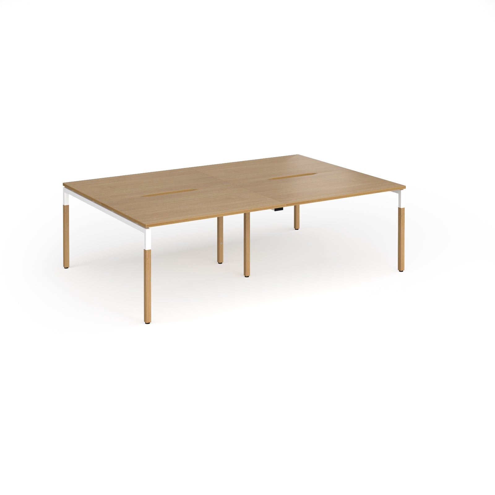Double back to back desk with light oak wood grain top and legs with white frame on a white background