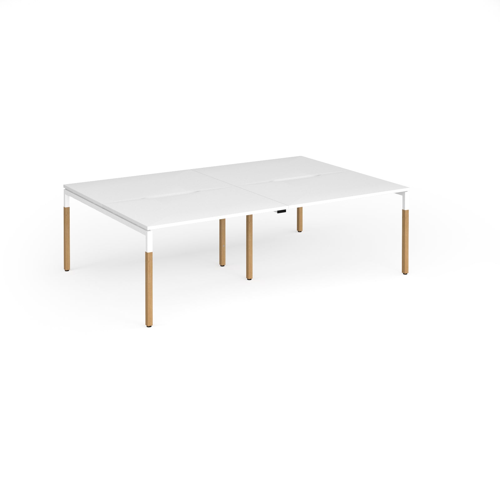 Double back to back desk with white top and wooden legs on a white background