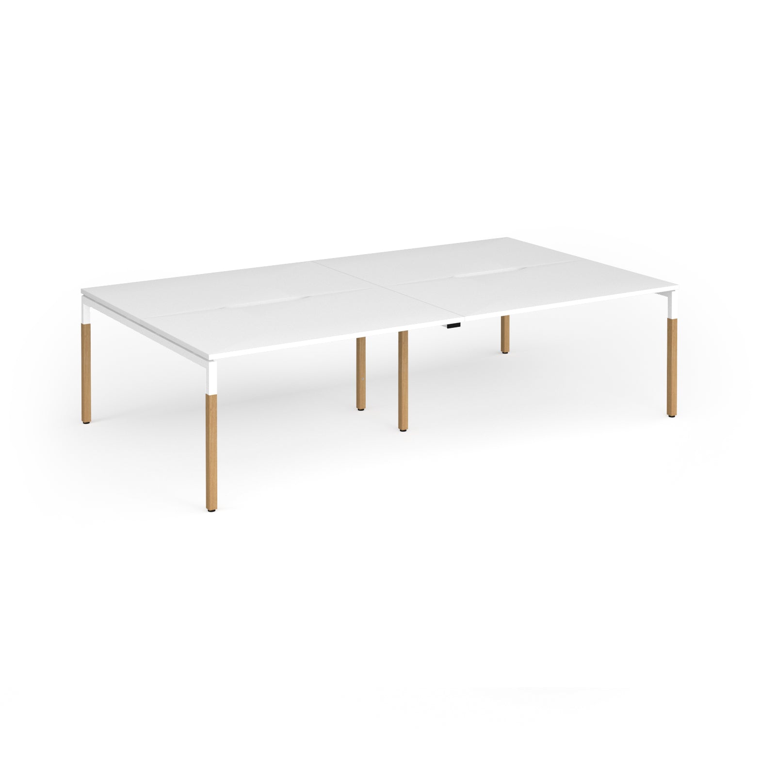 Double back to back desk with white top and wooden legs on a white background