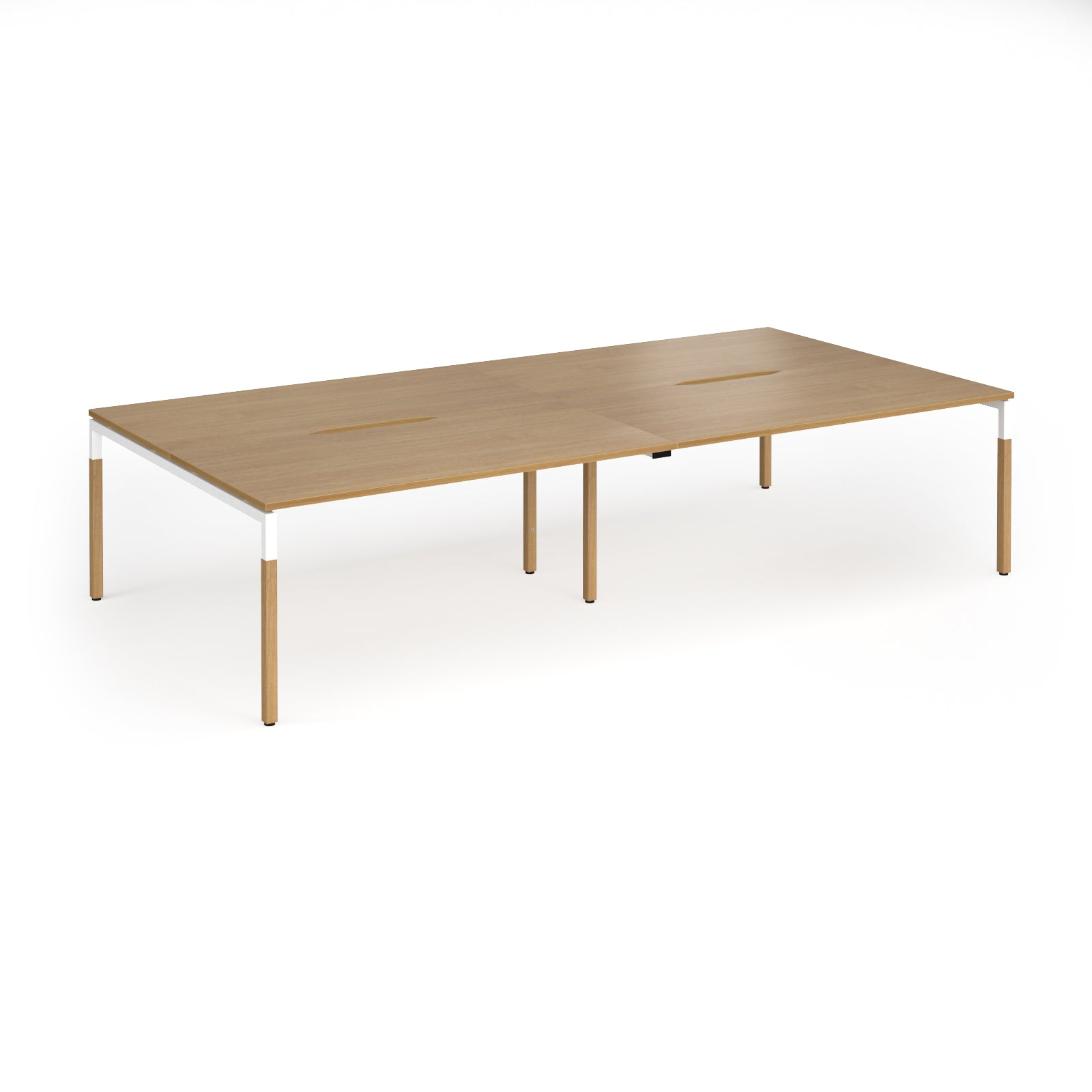 Double back to back desk with light oak wood grain top and legs with white frame on a white background