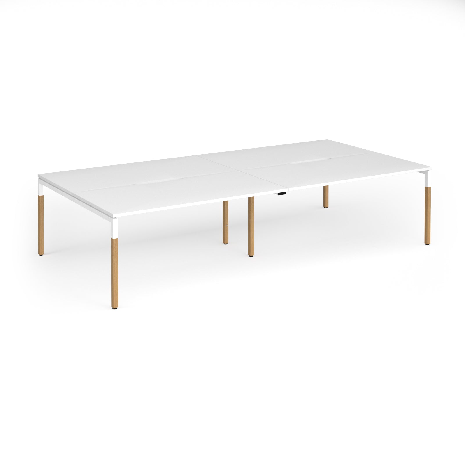 Double back to back desk with white top and wooden legs on a white background