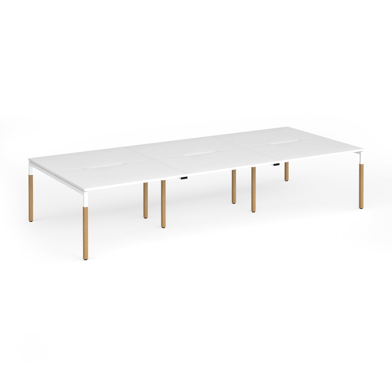 Triple back to back desk with white top and wooden legs on a white background