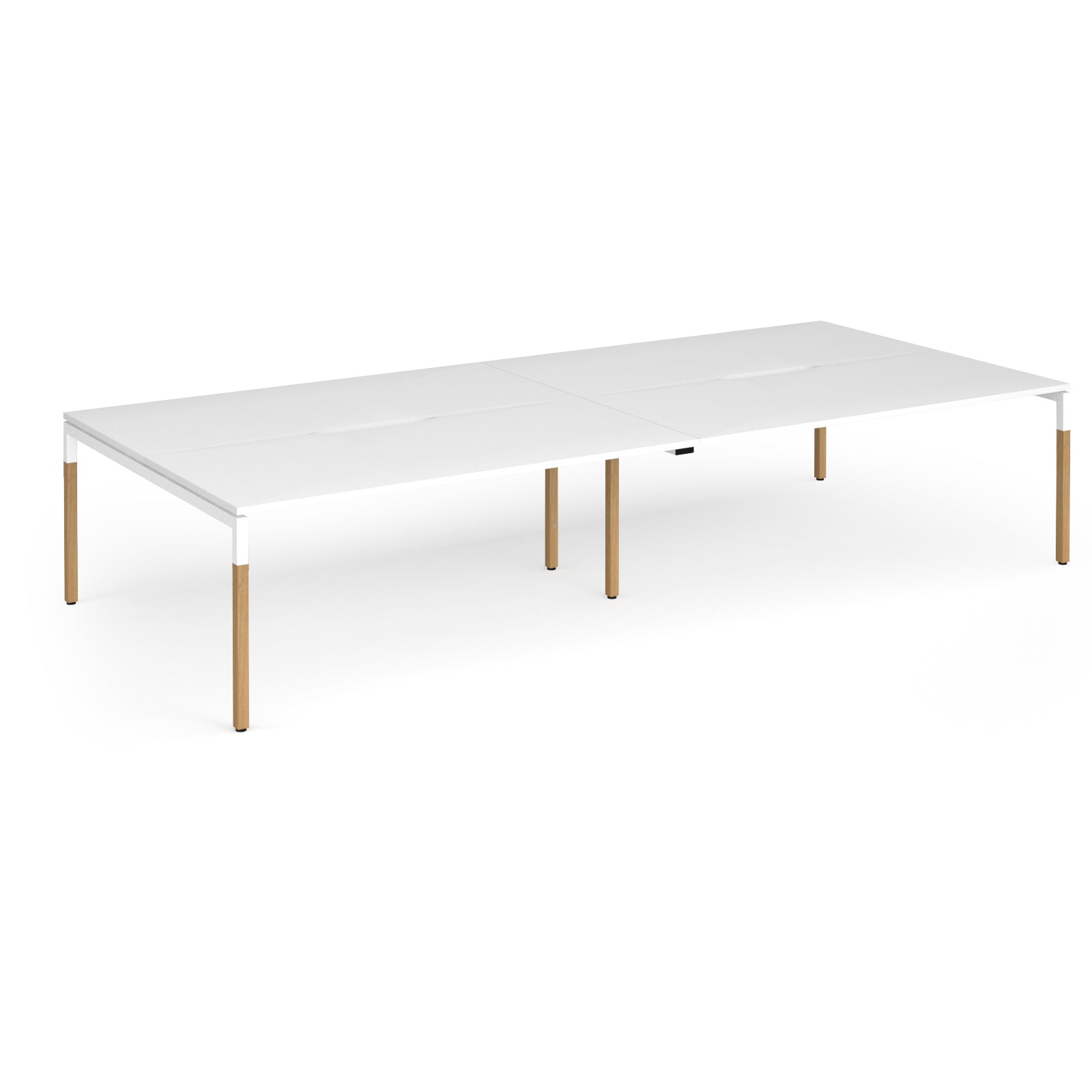 Double back to back desk with white top and wooden legs on a white background