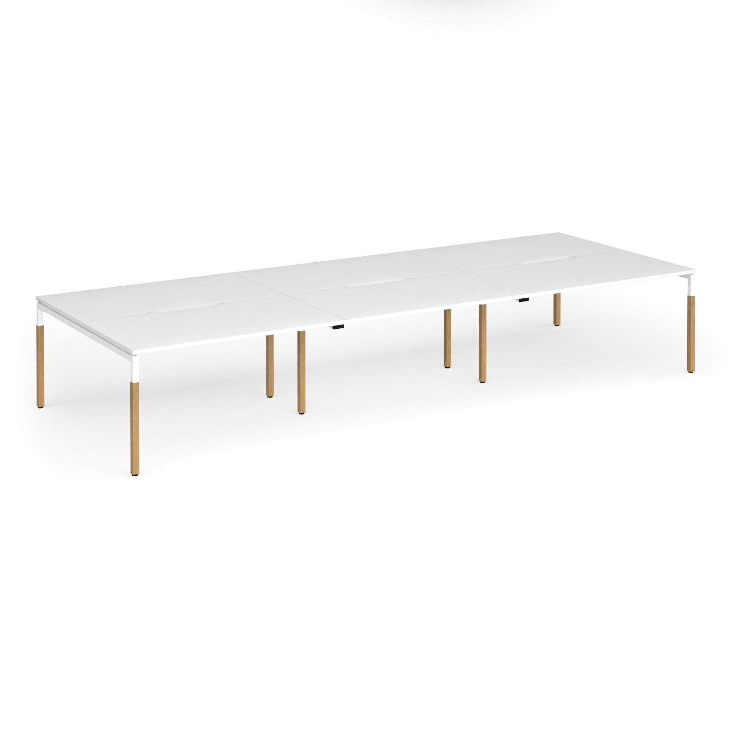 Triple back to back desk with white top and wooden legs on a white background