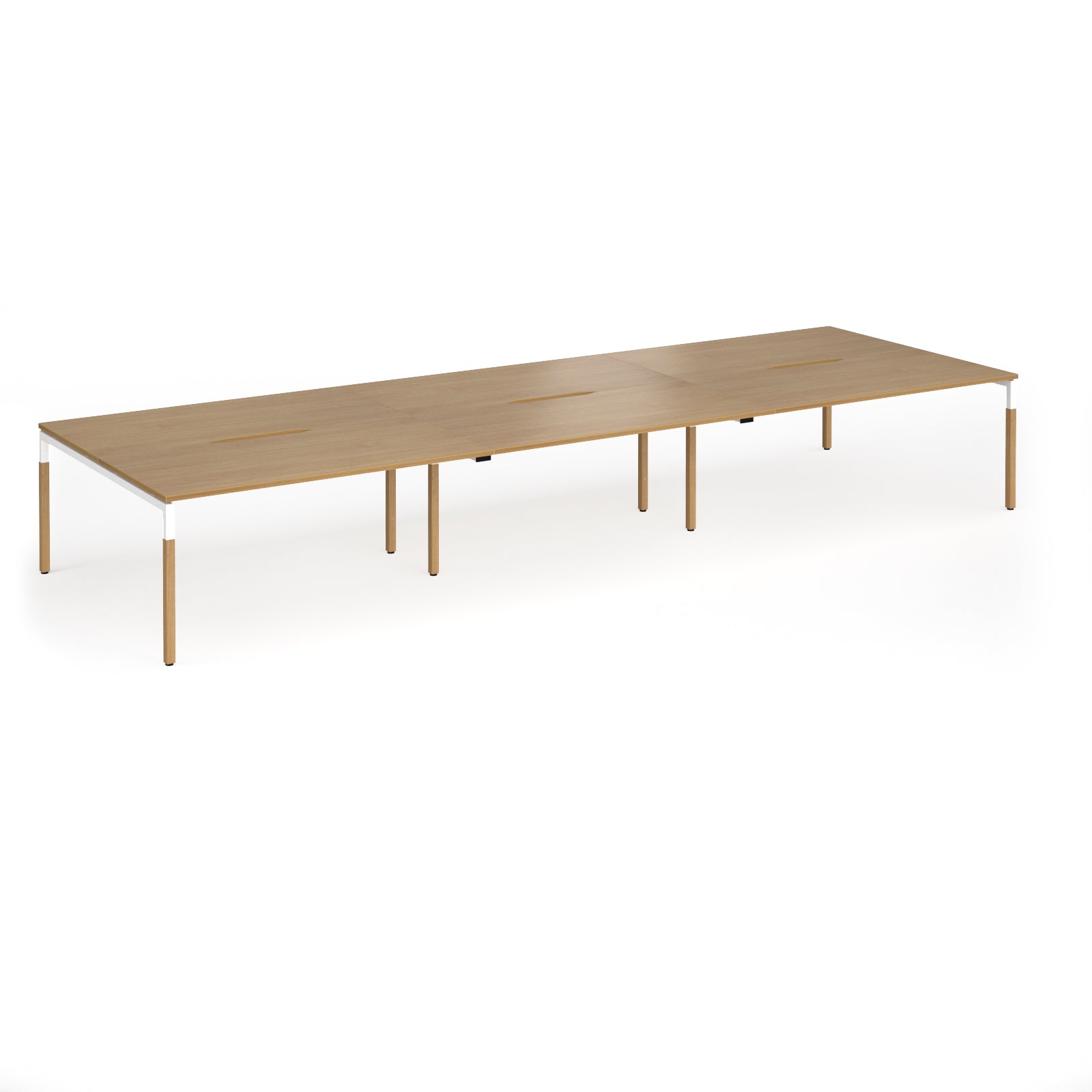 Triple back to back desk with light oak wood grain top and legs with white frame on a white background