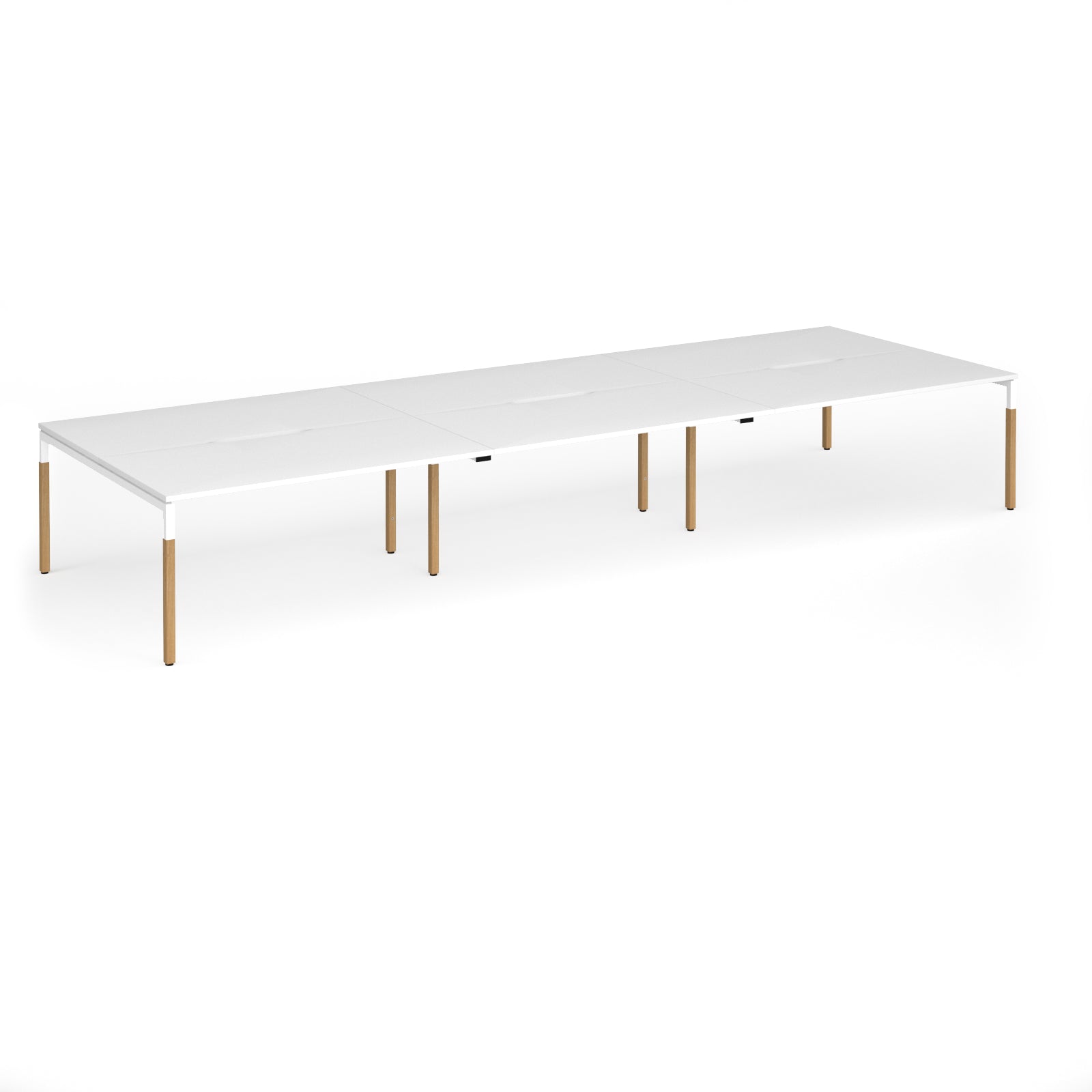 Triple back to back desk with white top and wooden legs on a white background