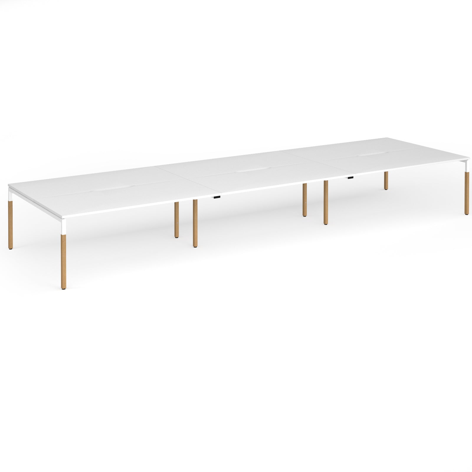 Triple back to back desk with white top and wooden legs on a white background