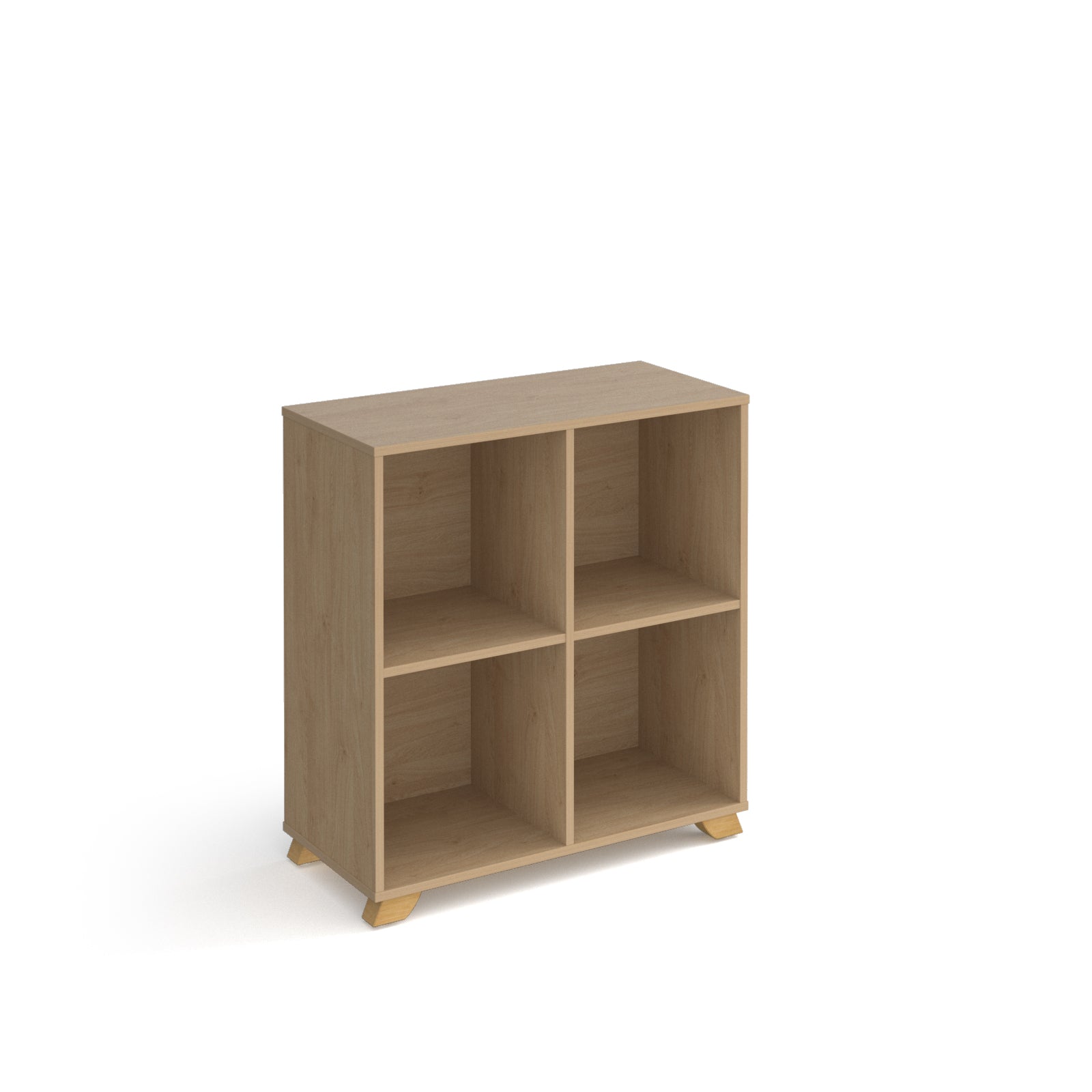 A small wooden storage cabinet with four open cubbies, shown on a plain white background.