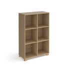A light oak wood 6-compartment open bookcase with small wooden feet, shown on a plain white background.
