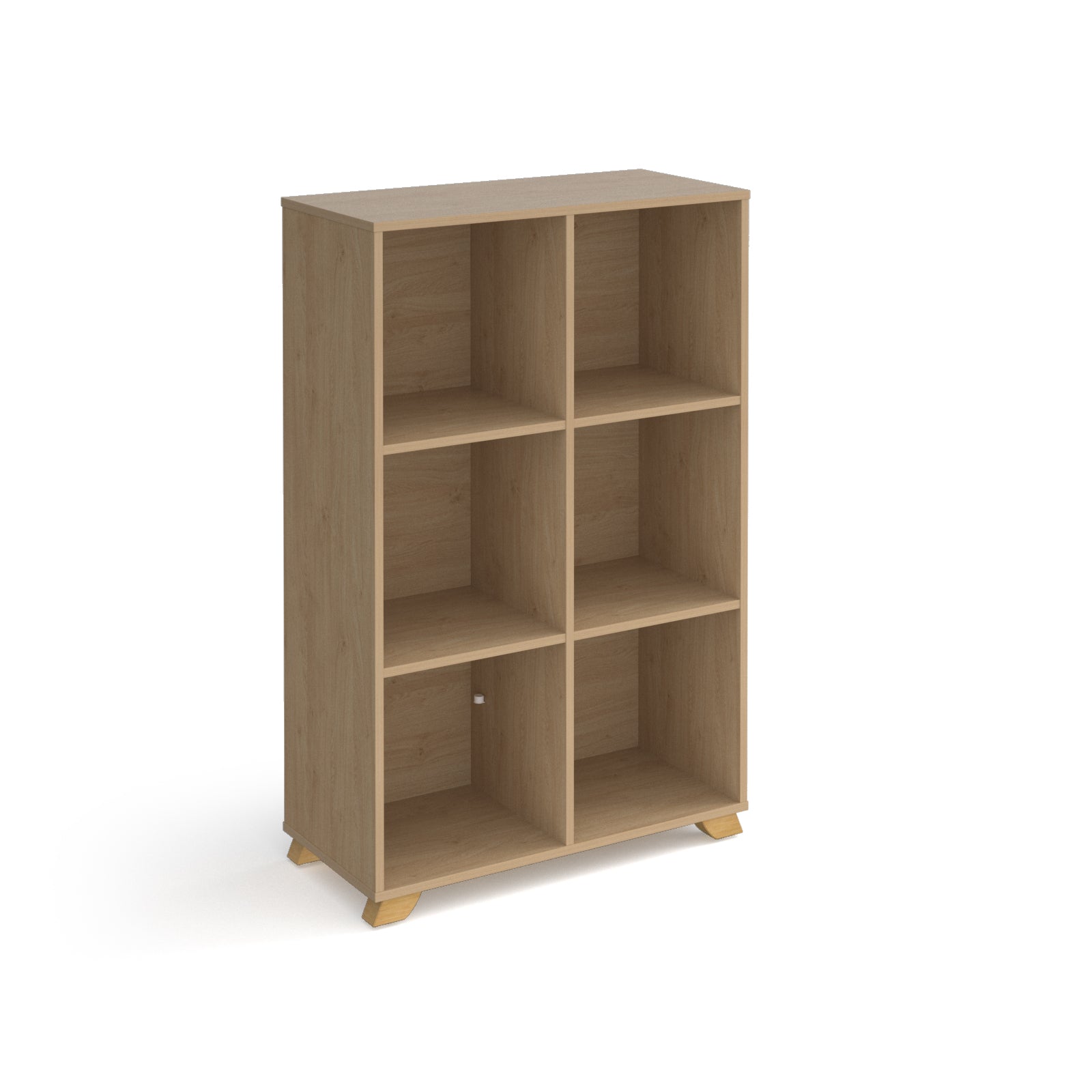 A light oak wood 6-compartment open bookcase with small wooden feet, shown on a plain white background.