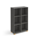 A dark grey 6-compartment open bookcase with light wood feet, shown on a plain white background.