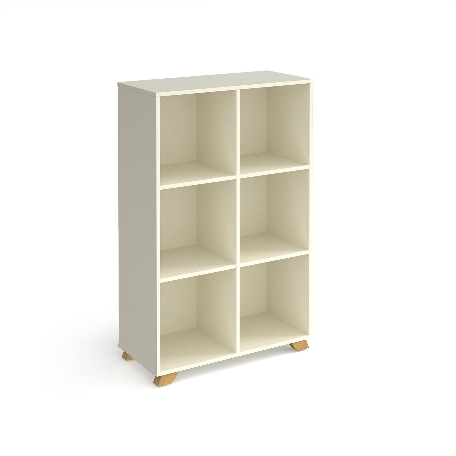 A modern 6-compartment cube storage shelf in a warm off-white finish with small natural wood feet, shown on a plain white background.