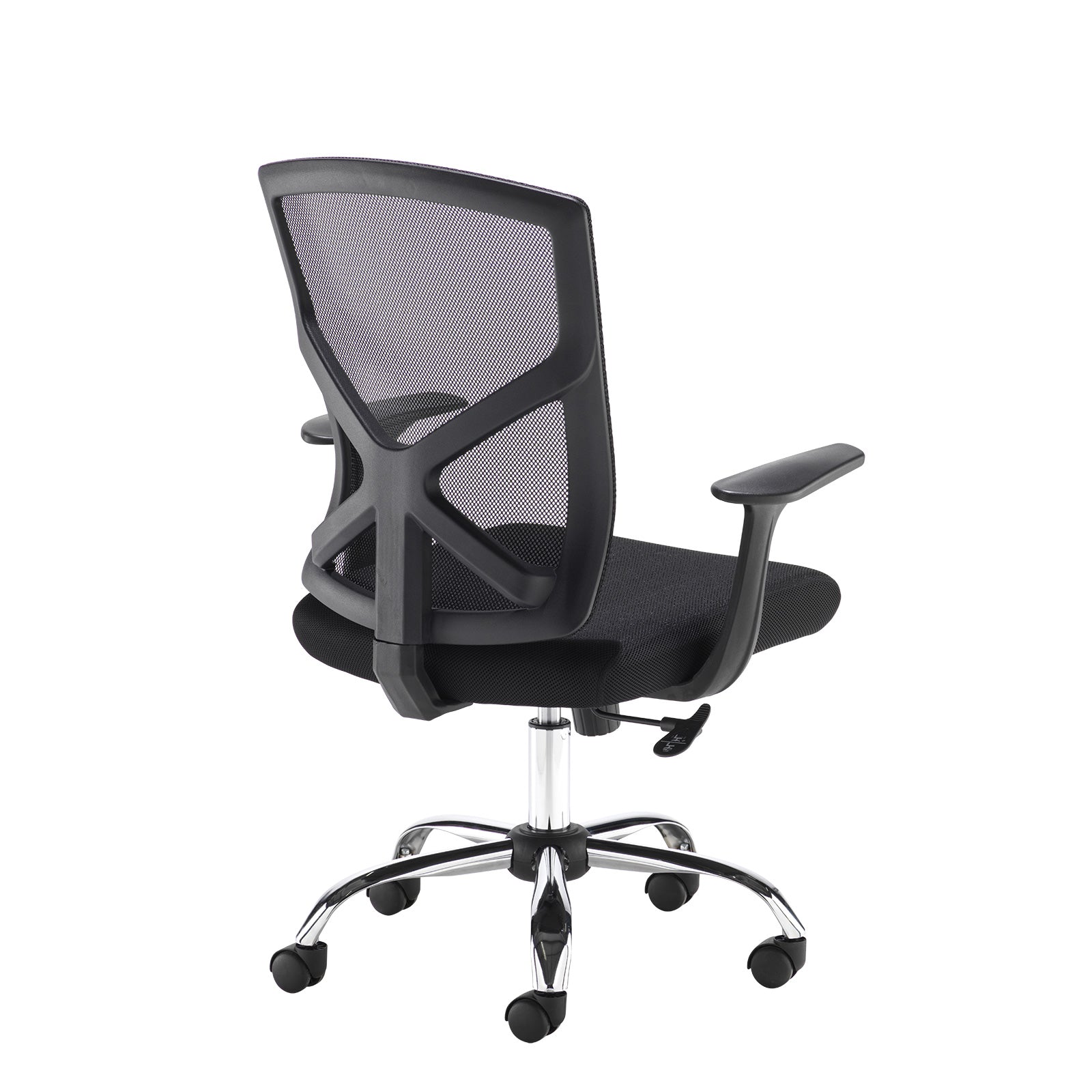 Black office chair with mesh backrest on a white background