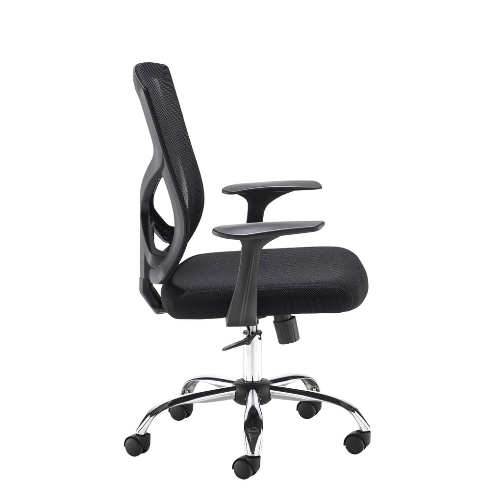 Black office chair with mesh backrest on a white background