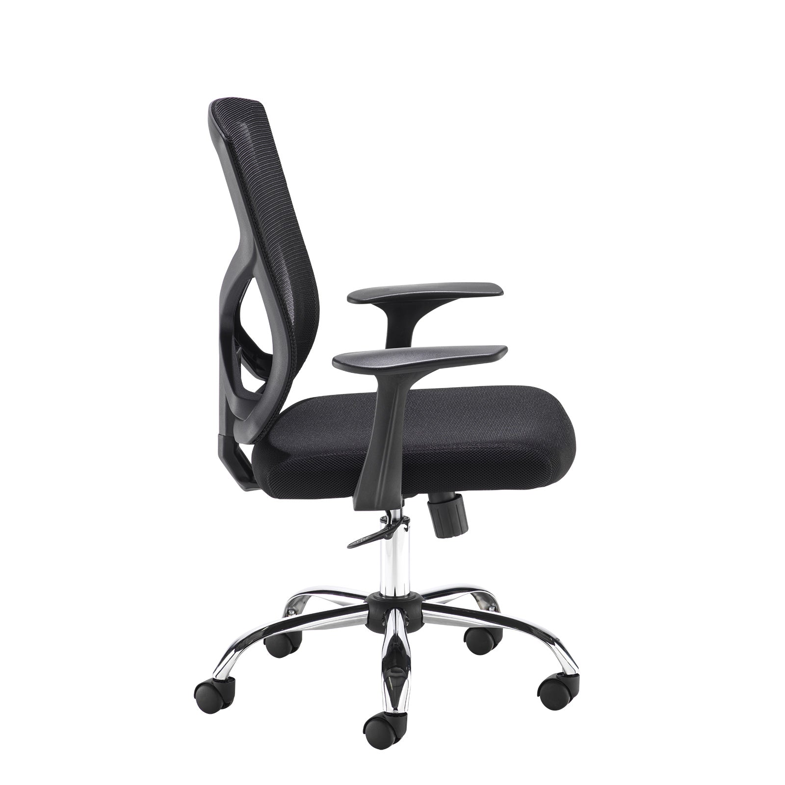 Black office chair with mesh backrest on a white background