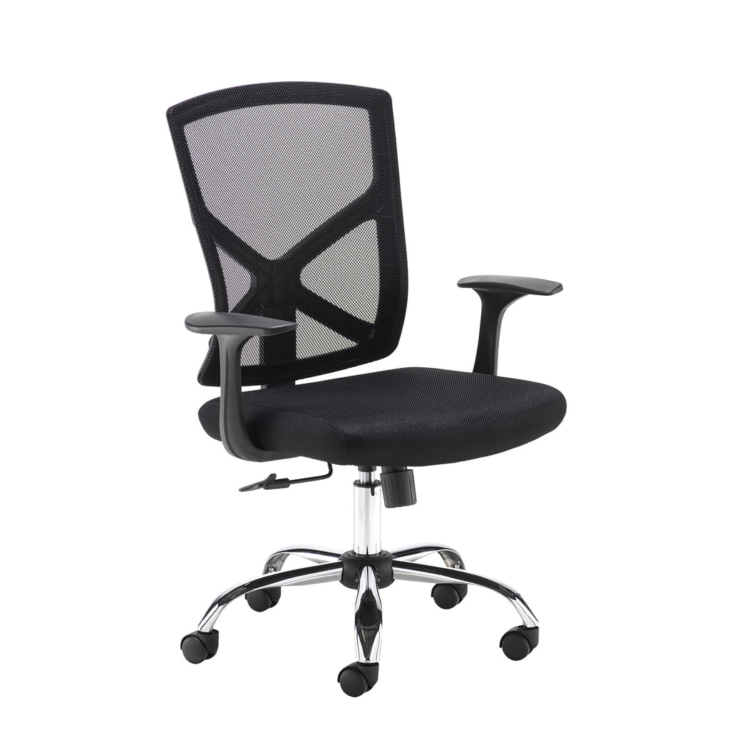 Black office chair with mesh backrest on a white background