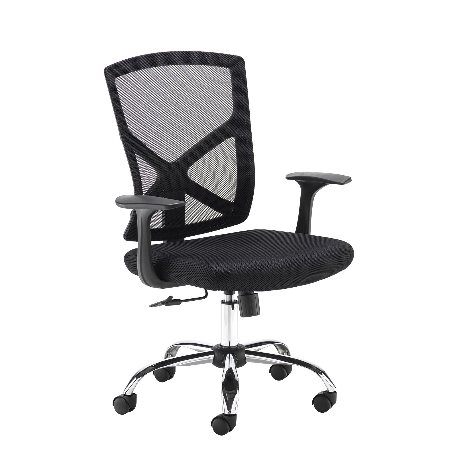 Black office chair with mesh backrest on a white background