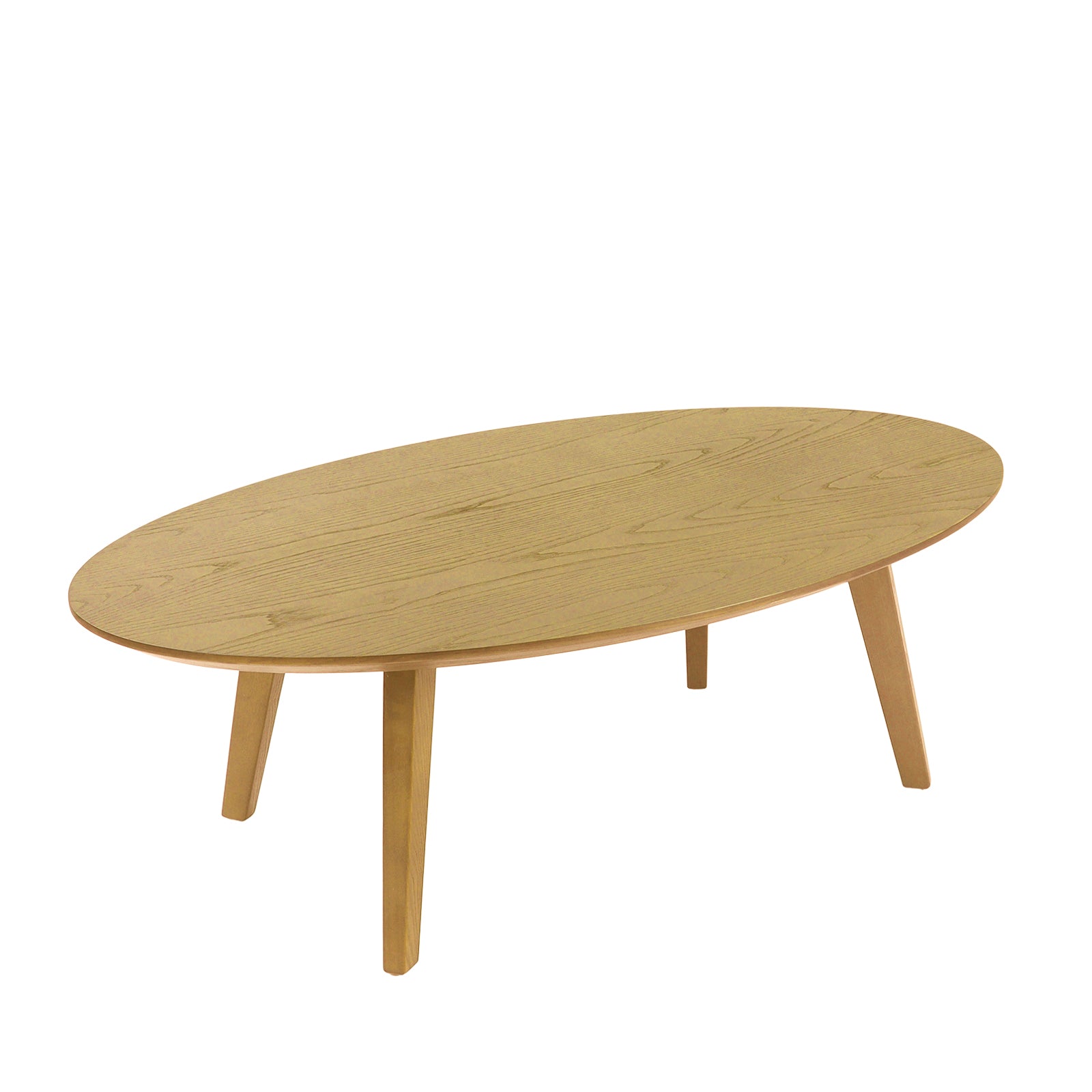 An oval wooden coffee table with a light oak finish and tapered legs, shown on a plain white background.