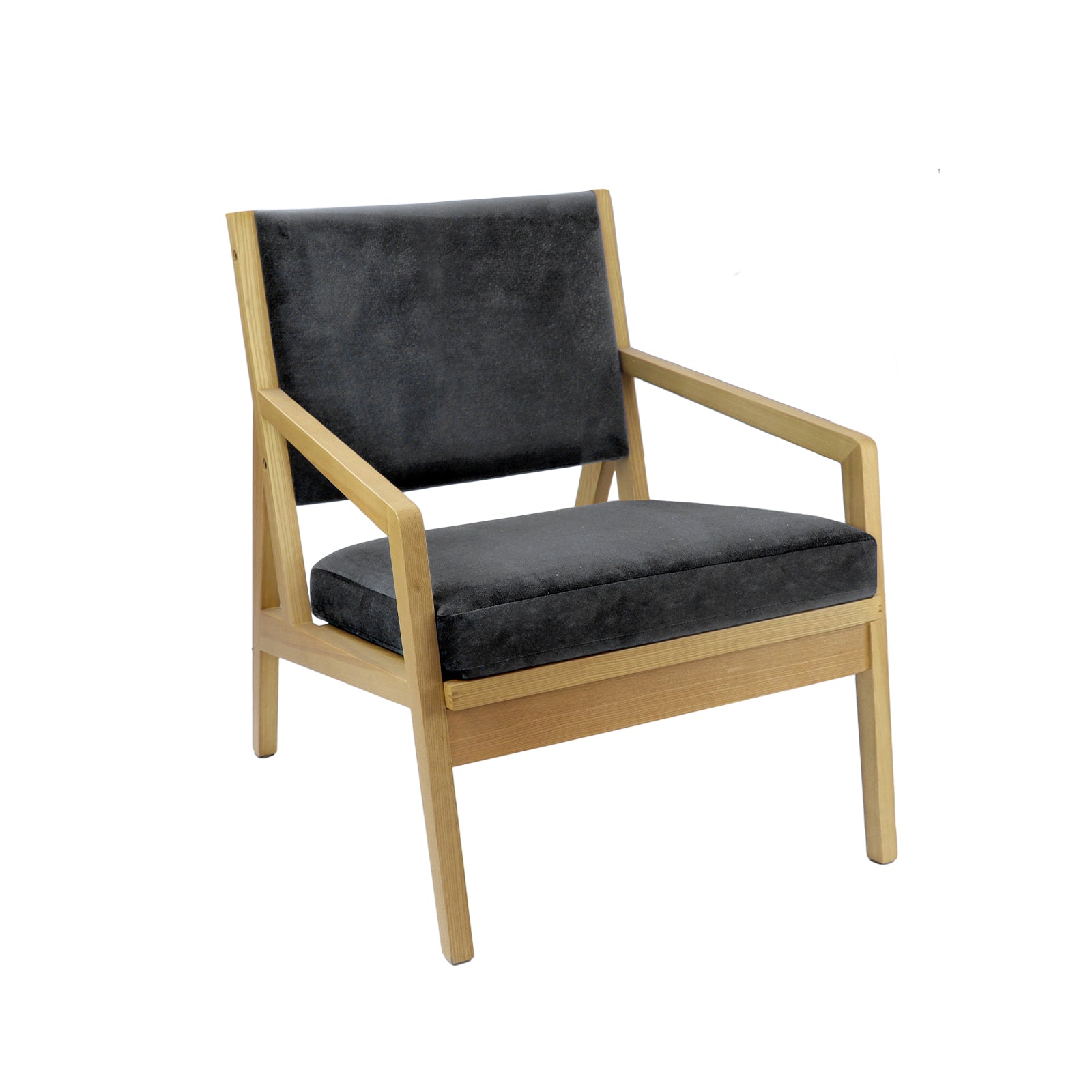 A modern armchair with a light natural wood frame and plush dark gray velvet cushions on the seat and backrest, shown against a plain white background.